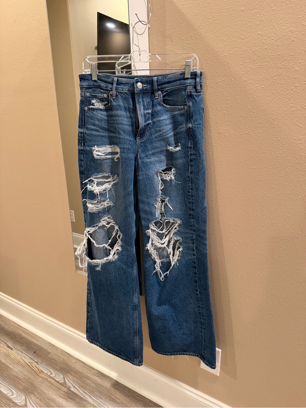 American Eagle Outfitters Distressed Wide Leg Jeans - Blue